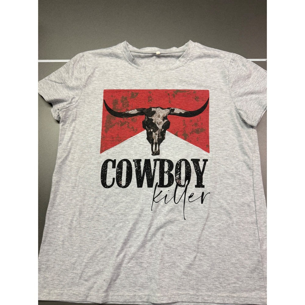 Cowboy Killer Graphic T-Shirt Gray Western Bull Skull Short Sleeve Tee Medium‎